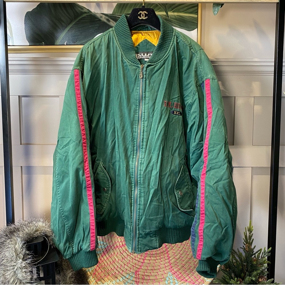Vintage 90s BUM Bomber jacket size L Green Jacket with Pink Stripes